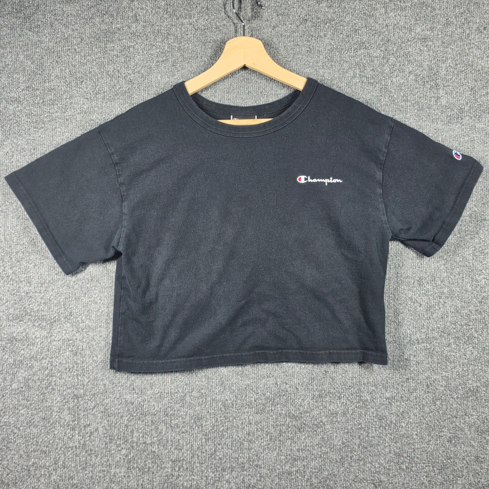 Champion Crop Top Womens Medium Black Short Sleeve Embroidered Logo Boxy Tee